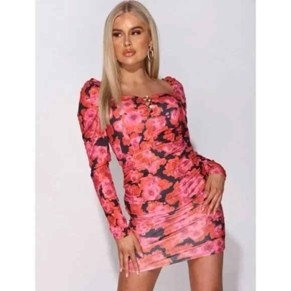 Black Floral Print Long Sleeve Square Neck Ruched Bodycon Mini Dress - Picture 15 of 15